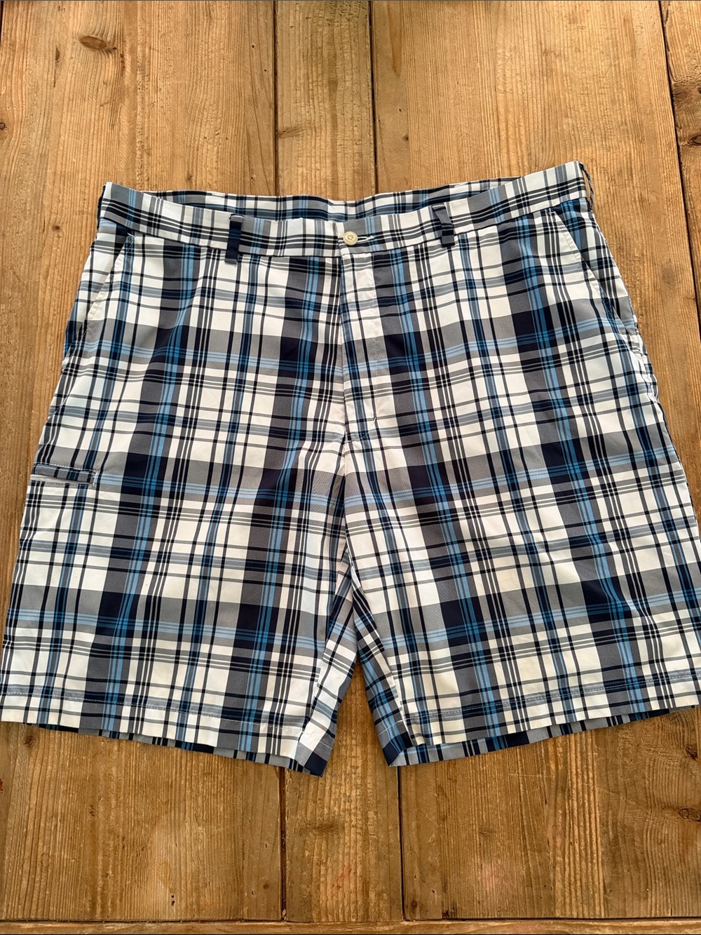 Grand Slam White, Blue and Black Plaid Flat Front Shorts